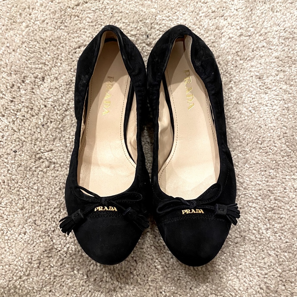 Prada Suede Black Flats with Bow